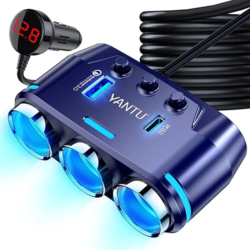 YANTU Cigarette Lighter Adapter, Car Charger Adapter 3 Socket Cigarette Lighter Splitter with LED Voltage Display PD/QC 3.0 Charger On/Off Switches 120W 12V Car Splitter Adapter for All car Devices