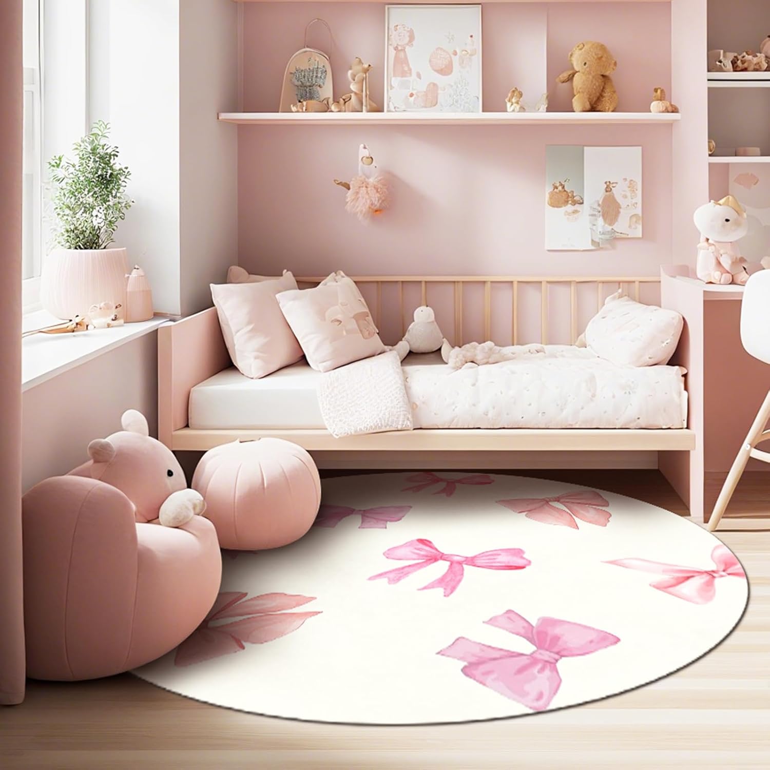 Bow Pattern Area Rug for Girl Bedroom Living Room, Washable Soft Round Artificial Wool Kids Pink Beige Carpet for Entryway Living Room Laundry, 4'Round