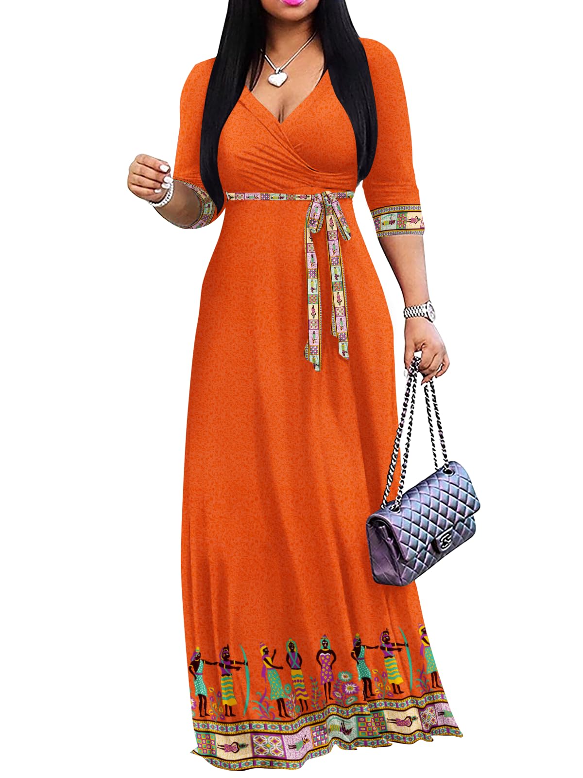 Yajedo Womens Casual Summer Maxi Dress Plus Size Sexy Wrap V Neck 3/4 Sleeve Sundress with Pockets