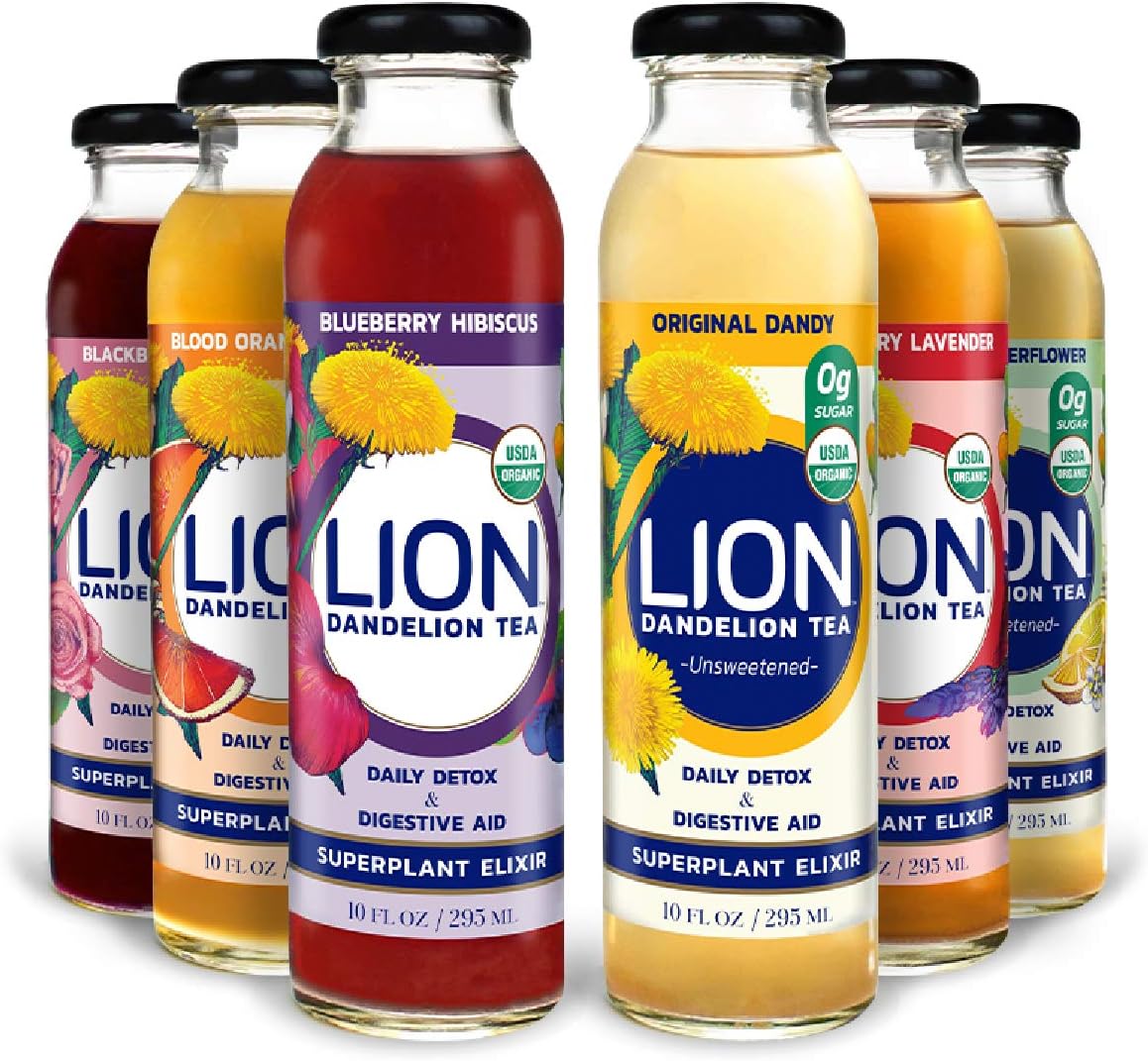 LION Organic Bottled Dandelion Tea | Immunity Booster - Prebiotic Tea Full of Antioxidants Variety | 6 Pack
