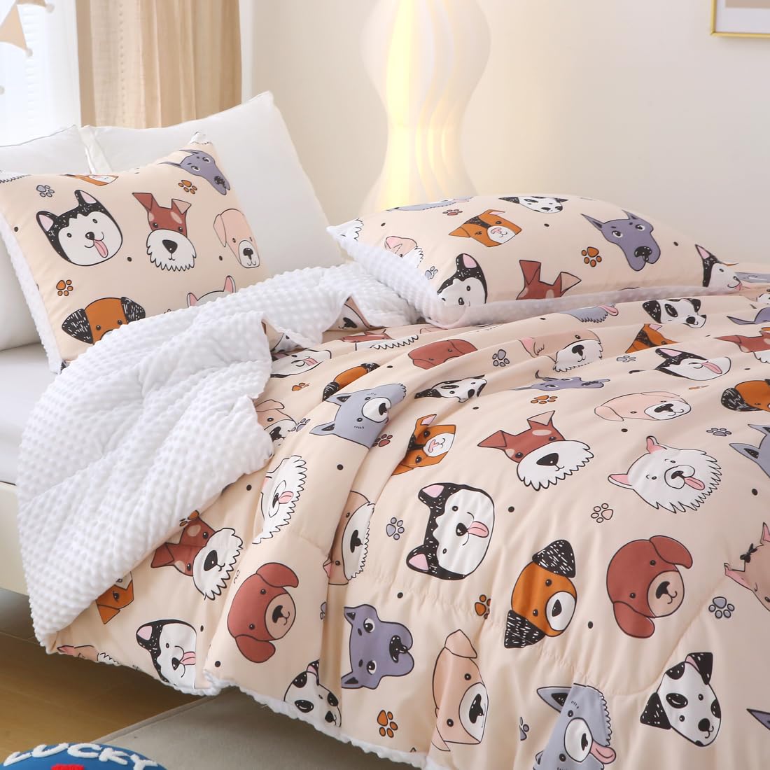 Gusuhome Kids Dog Comforter Set Twin Size Cute Animal Dog Bedding Set Bed in A Bag for Boys Girls Teen All Season Warmth 3 Piece Ivory White