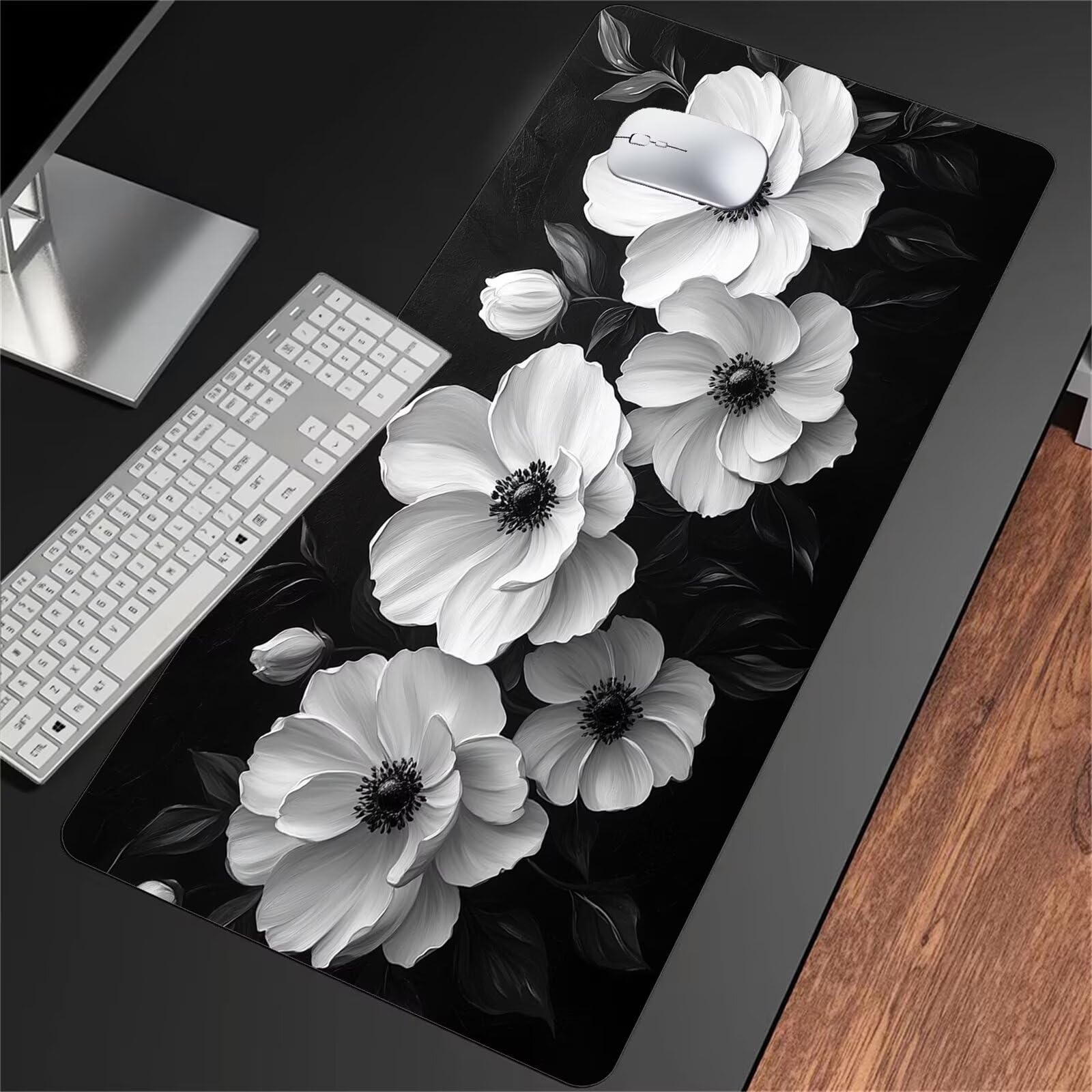 Podkładka pod mysz do gier 1200 x 600 x 2 mm XXL Podkładka pod mysz do gier, duża podkładka pod biurko z antypoślizgową gumową podstawą, dla graczy, pracowników biurowych (białe kwiaty)