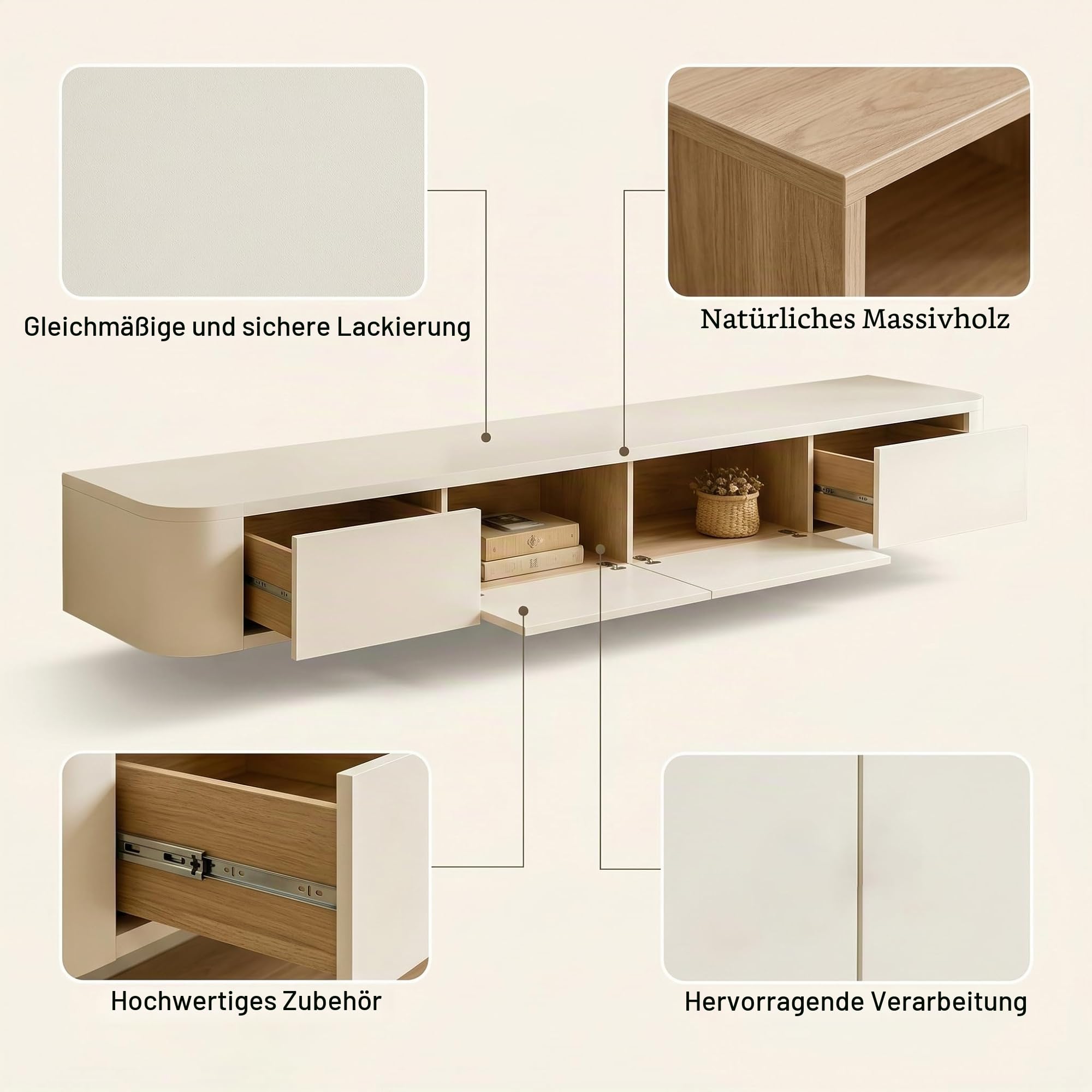Schwebende TV Schrank 140cm Weiß, TV Lowboard Hängend mit 2 Schubladen & 1 Klappen Türen, TV Board Hängend mit Kabelmanagement, Hänge Sideboard für Wohnzimmer und Esszimmer