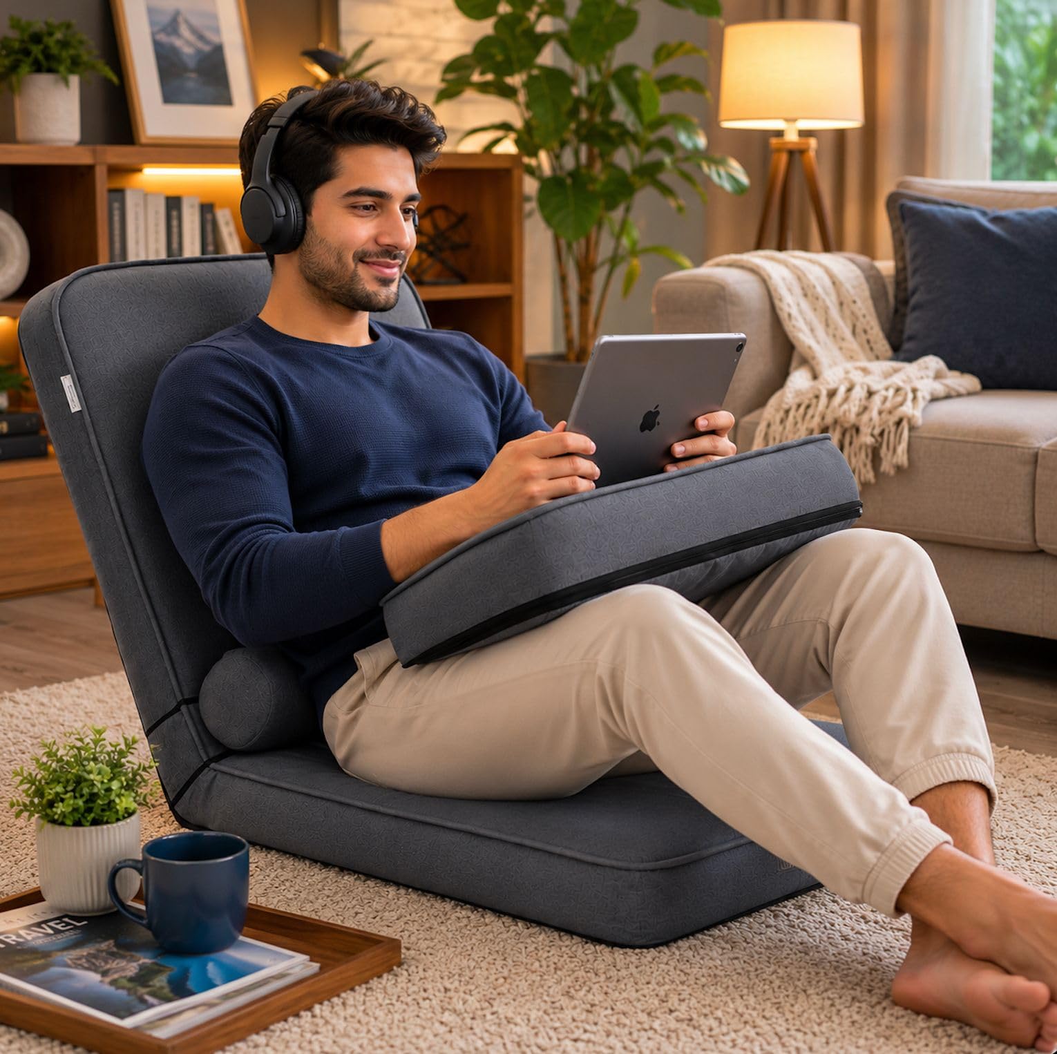 Kawachi Portable Recliner Floor Chair Foldable Dormitory Bedroom Lazy Sofa Laptop Table Ergonomic Sofa Bedroom with Backrest Tatami Chair Adjustable Back Support Grey-image-21
