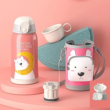 Amazon 水筒 子供 ストロー ワンタッチ 直飲み 保冷 男の子 女の子 小学生 可愛い 魔法瓶 こども 保温 キッズ サーモス 子ども 恐竜 ホッキョクグマ Wisetec ホーム キッチン