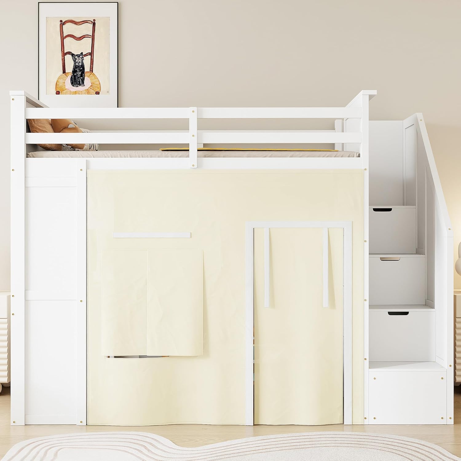 Merax Twin Size Loft Bed with Side Desk and 2 Drawers for Kids, Wooden Loft Bed with Storage Staircase Guardrails and Curtain, Under Bed Play Space, No Box Spring Needed, White