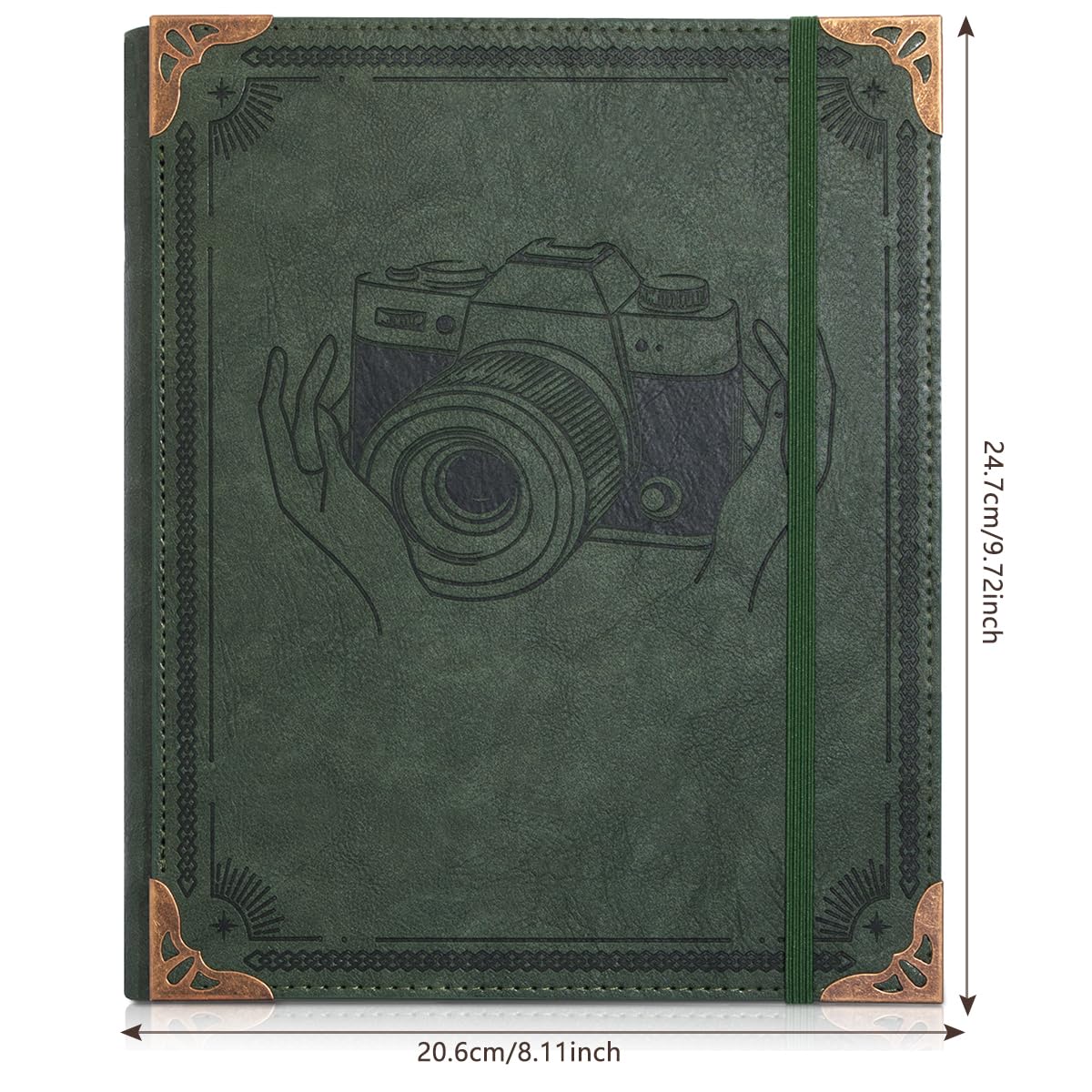Album na zdjęcia, skórzany, vintage, podróżny, album fotograficzny, na rocznicę, ślub, prezent na rocznicę ślubu, zielony aparat fotograficzny, 10 x 16 cm