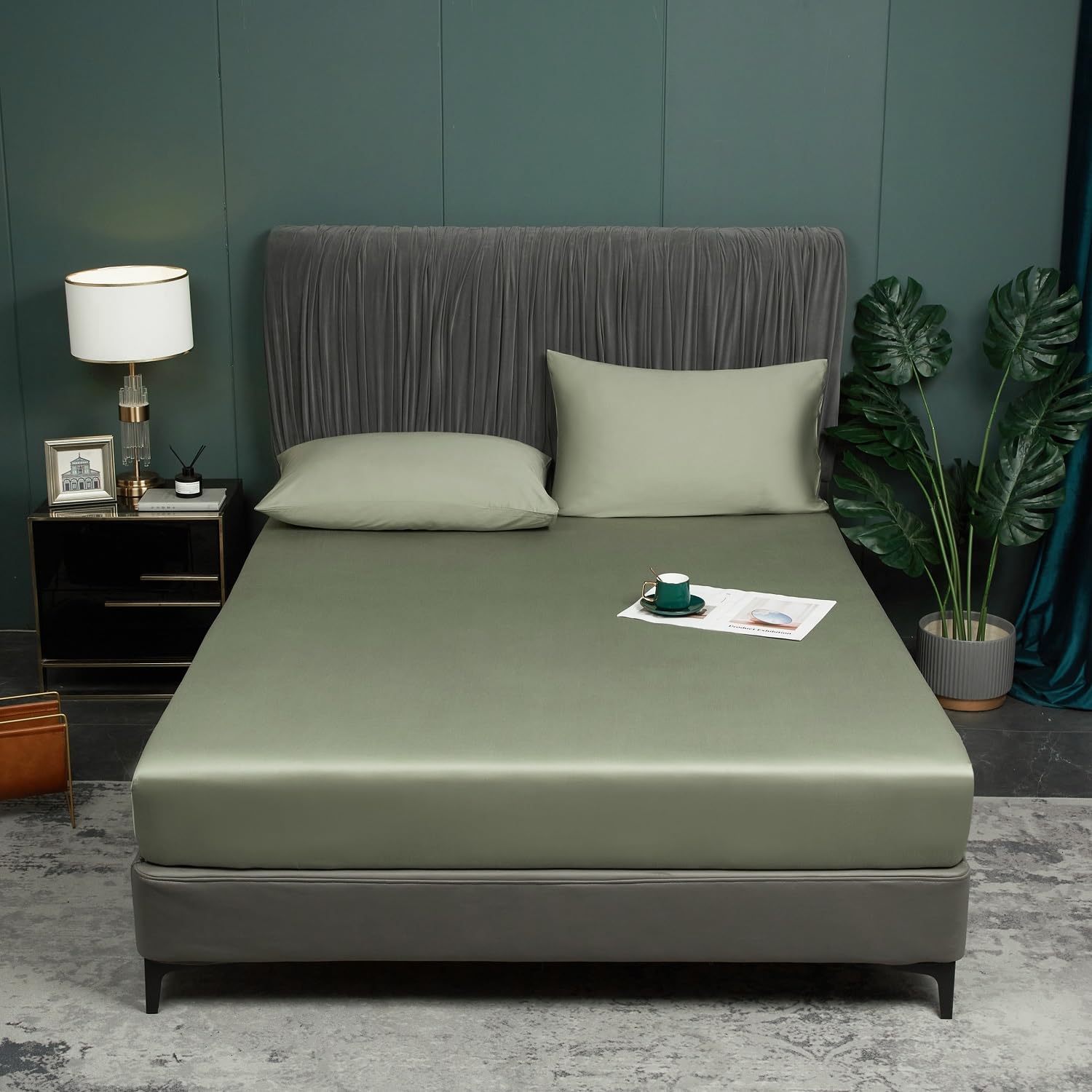Luofanfei Bambus Lyocell Spannbettlaken 90x200cm Grün Salbeigrün Boxspringbett Frottee Topper Glänzend Bambusfaser Bettlaken Spannbetttuch 90 x 200 Uni Spannbetttücher für Hohe Matratze bis 25-30 cm