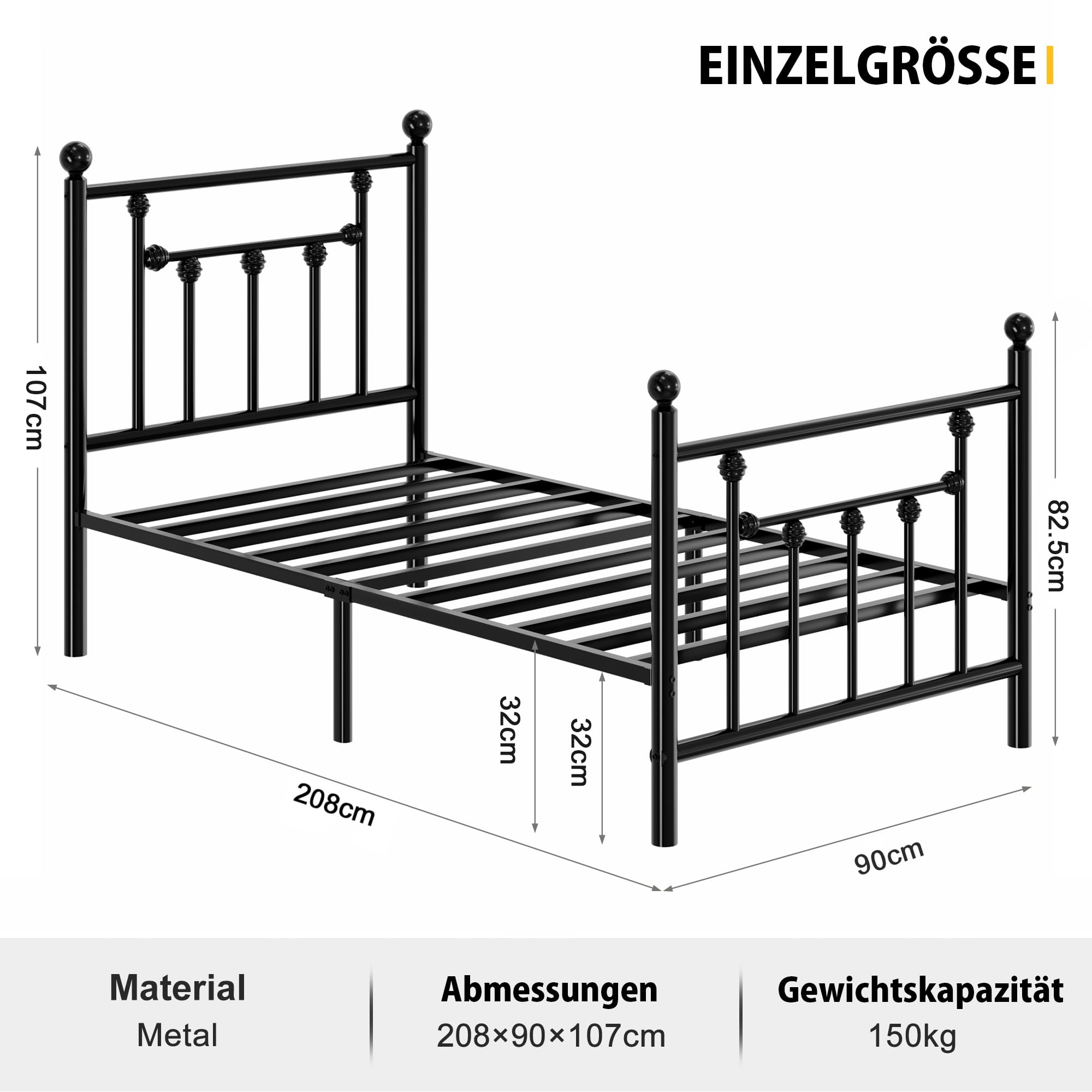 VECELO Einzelbett Metallbett 90x200 cm, Bettgestell mit Metall-Lattenrost und 110 cm hohem Kopfteil, bis 180 kg belastbar, geräuscharm, 32 cm Bodenfreiheit, einfache Montage, Schwarz
