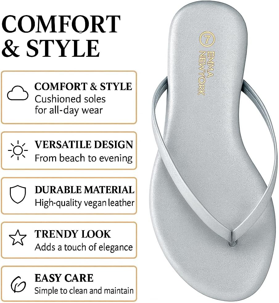 Summer Sandals Flip Flops for Women Vegan Leather Thong Trendy 2025 Dressy Cute Silver - Image 5