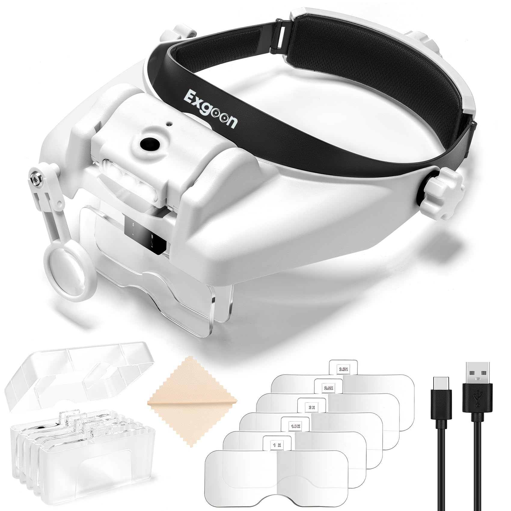 Exgoon Lupe mit Licht, 1- bis 14-fache Vergrößerung, Lupenbrille mit 6 abnehmbaren Linsen, freihändige wiederaufladbare Stirnbandlupe zum Modellbau, Juweliere, Basteln, Detailarbeit (Weiß)