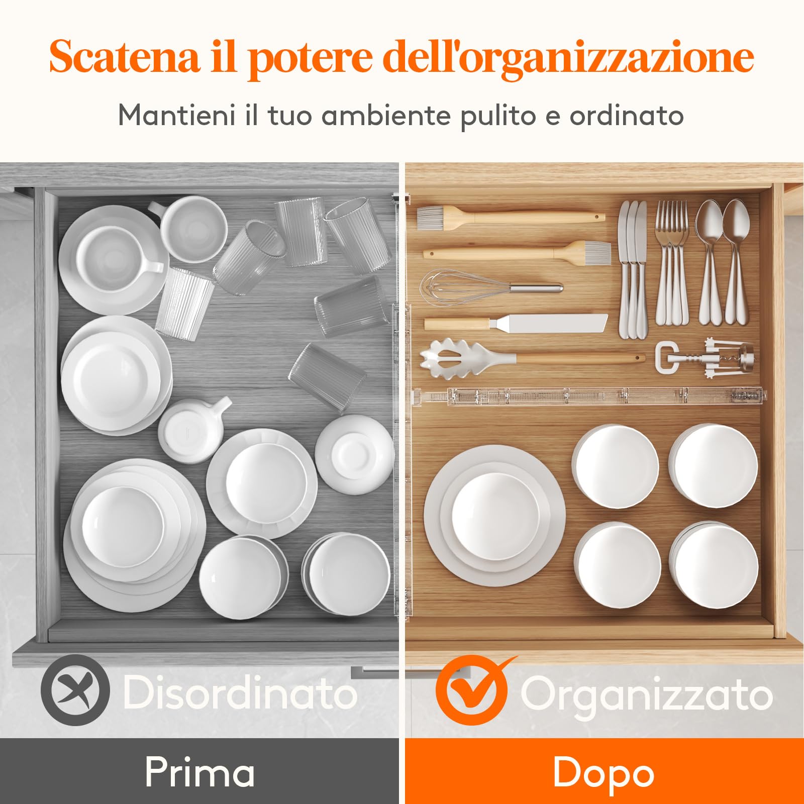 Lifewit Divisori per Cassetti Cucina Alti 6cm, 40 -56cm, Organizer Regolabili per Utensili, Vestiti e Trucchi, Separatori per Cassetti in Plastica per Camere da Letto, 4 Pezzi, Trasparente
