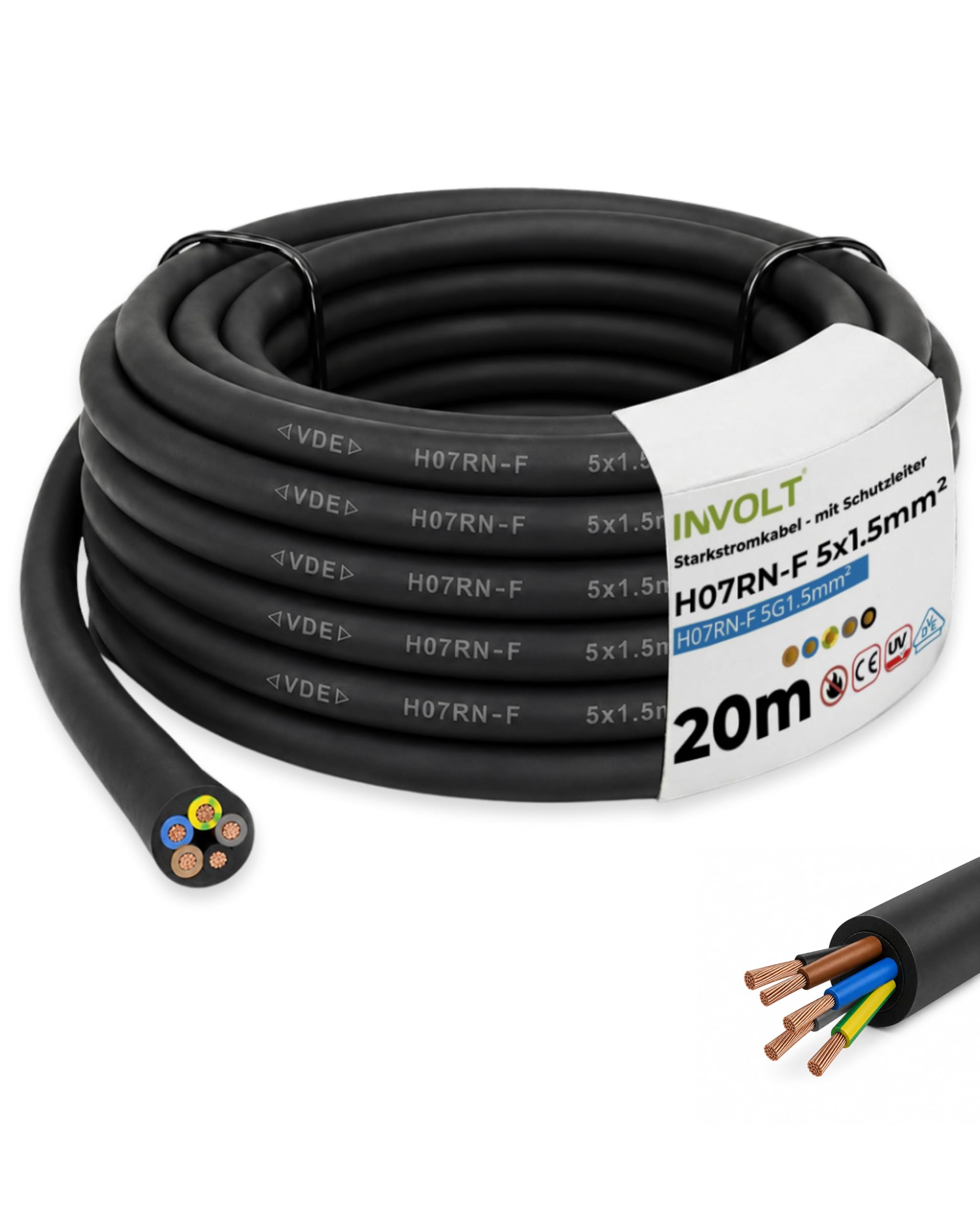 INVOLT Cavo di prolunga CEE, 20 m, H07RN-F 5G1,5 mm², cavo flessibile in gomma con conduttore di protezione, per esterni, cantieri, certificato VDE