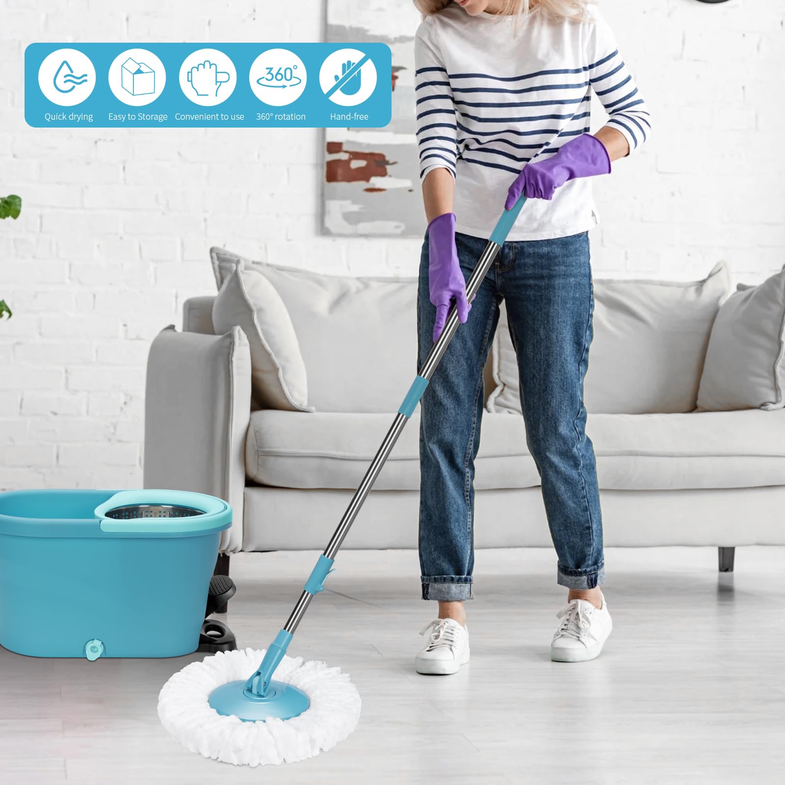 Seau Essoreur, Masthome Balai à Frange et Seau à Pédale, Seau Serpillere avec Tête de Mop Rotative à 360, Balai avec 5 Serpillères Réutilisables en Microfibre, pour Nettoyage Sols