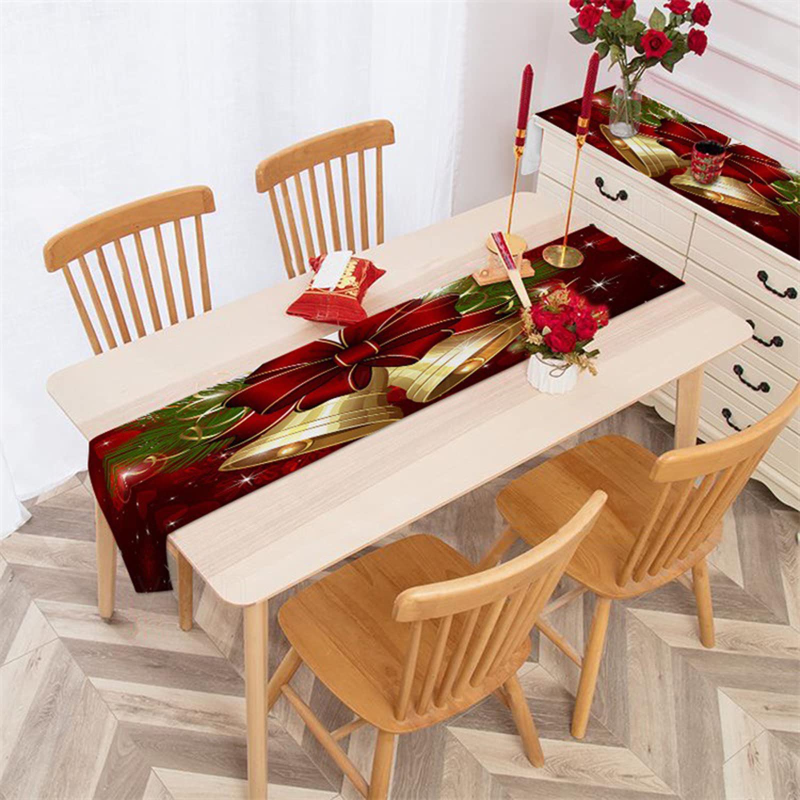 Runner Tavola 33x229CM Campane Runner Tavolo Rosso Cotone Decorazione Tavola - Stile 1