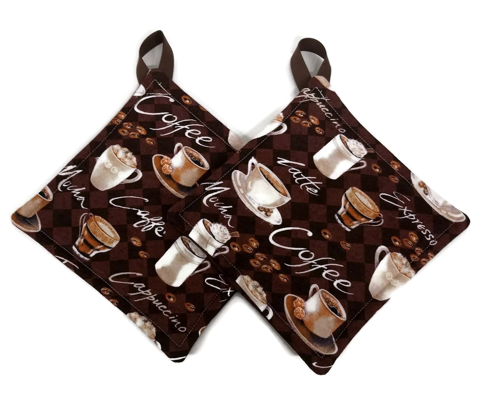 Potholder Set in a Coffee, Expresso and Mocha Fabric Print by Sewuseful Studios LLC