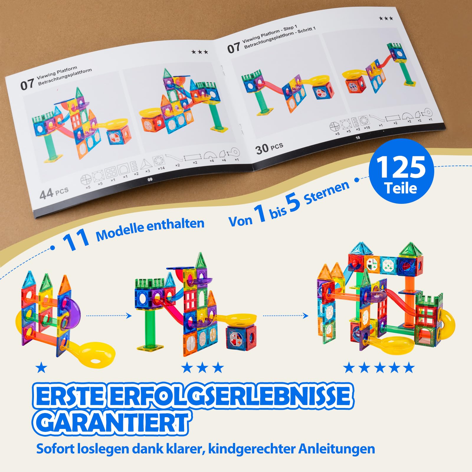 Magnetische Kugelbahn Erweiterungsset Regenbogen 125 Teile | 7,5 cm Standardgröße, 100% kompatibel mit gängigen Magnetbausteinen, Murmelbahnen für mehr Bauideen & Spielspaß