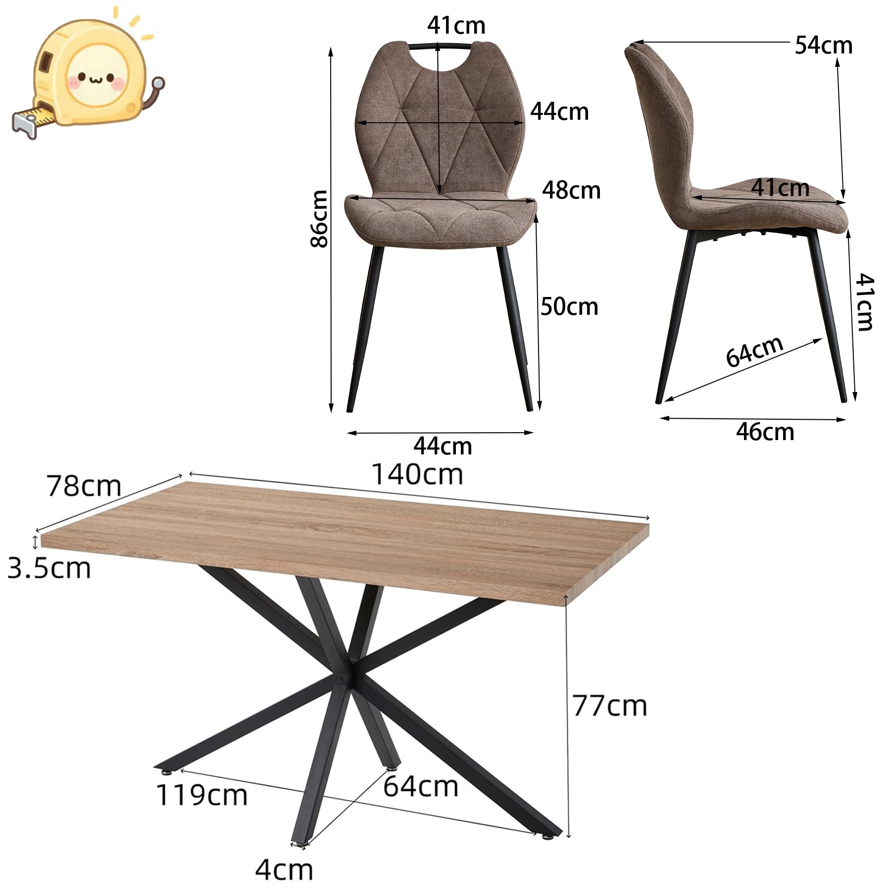GrandCA HOME Set Tavolo e Sedie da Pranzo da 5 Pezzi, Tavolo Quadrato da 140 cm, 4 Sedia Imbottita in Lino, Adatto per Cucine, Sale da Pranzo e Soggiorni (Legno Chiaro + Marrone)