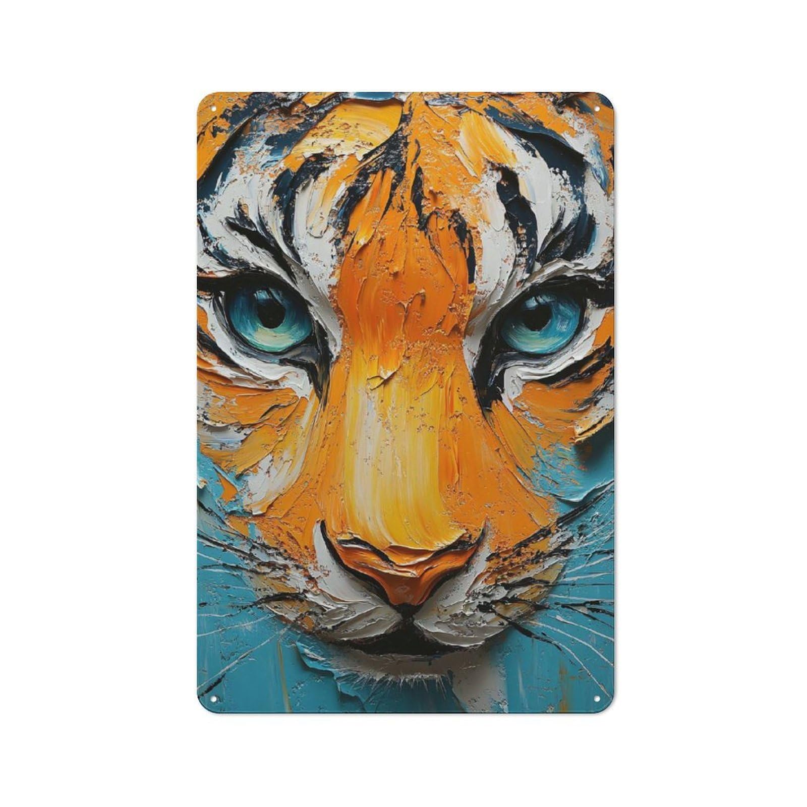 Junmoney Style-13 Vintage Tin Wall Sign 30X20cm Featuring Abstract Tiger Portrait, Room Wall Plaque For Flat, Dorm Room, Lounge Or Cafe
