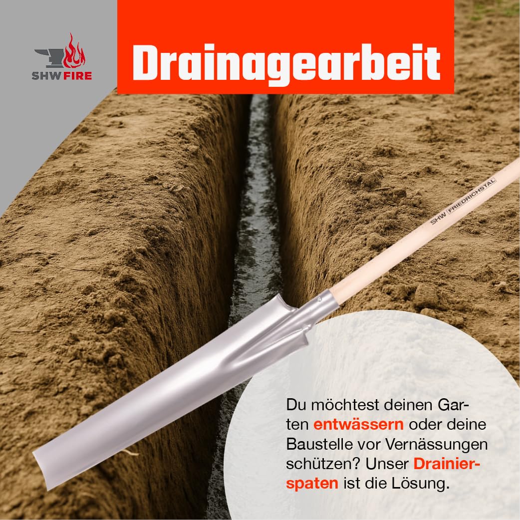 SHW-FIRE Drainierspaten - Trittschutz, 90cm Buchenstiel mit T-Griff | Für Gartenarbeit & Bodenbearbeitung | Drainagearbeiten & Kabelgräben | schmales Blatt | Gewicht 2.300 g