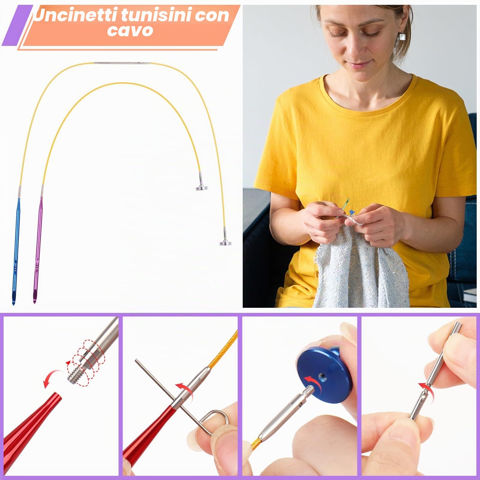 Coopay Set di 12 Uncinetti Tunisini Intercambiabili, 3,0-10,0mm con Filo da 40/60/80/100 cm, Uncinetto per Principianti e Professionisti, Uncinetto Afgano per Tappeti, Maglioni, Sciarpe, Rosa