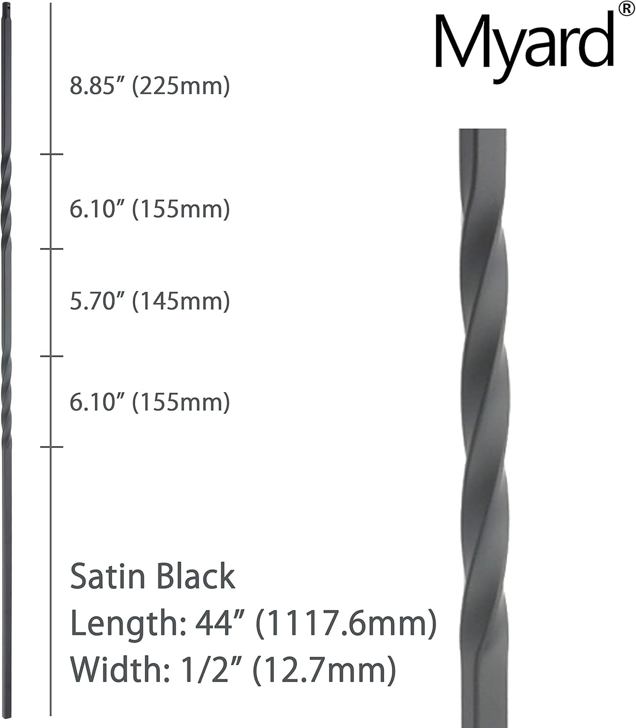 Myard Double Twist 1/2 Inches Square Forged Iron Stair Balusters Furniture for Deck Handrail Railing Staircase Balusters Banister Balustrade, 44 Inches 10-Pack (Satin Black)