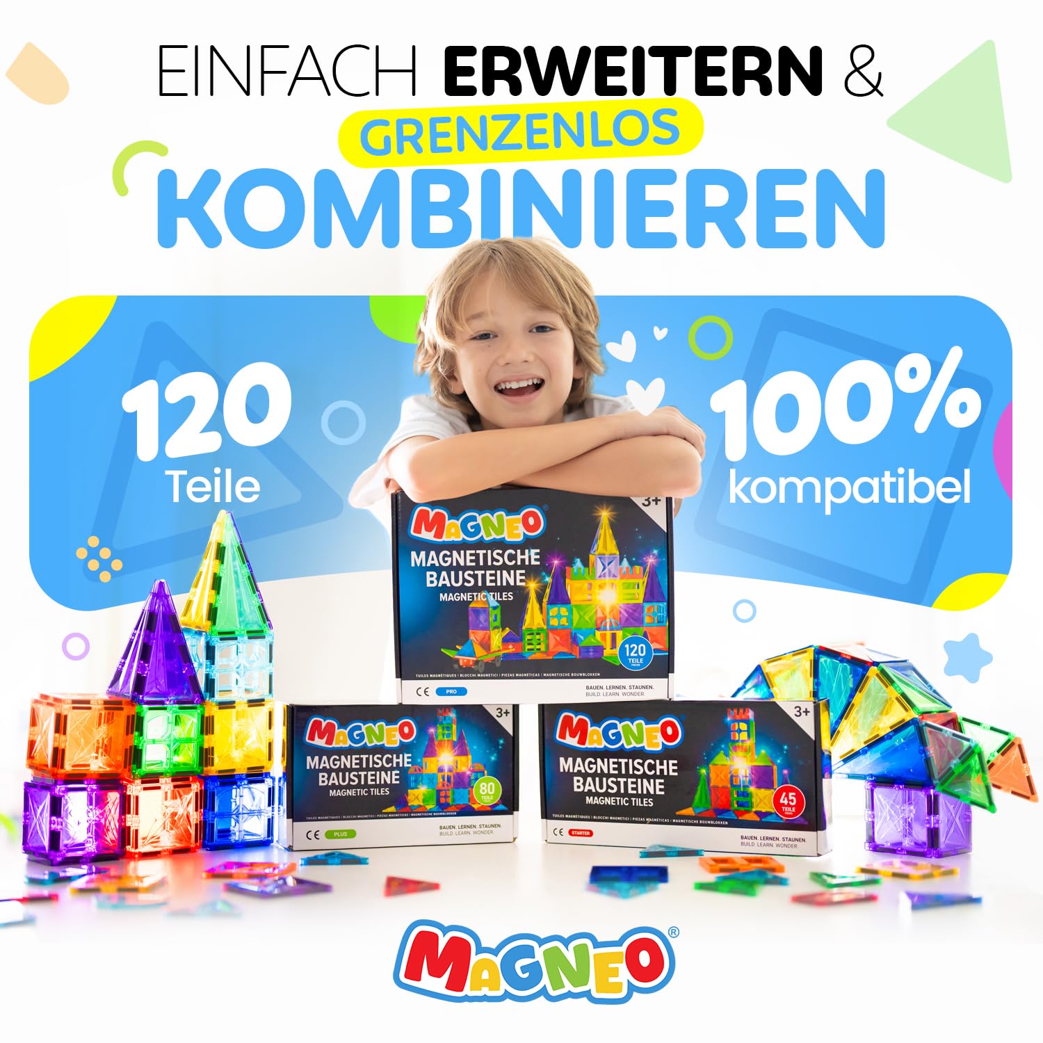 Magnetische Bausteine 120 teilig mit 2 Autos - Magnetbausteine für Kinder ab 3 Jahren - Pädagogisches Magnetspielzeug