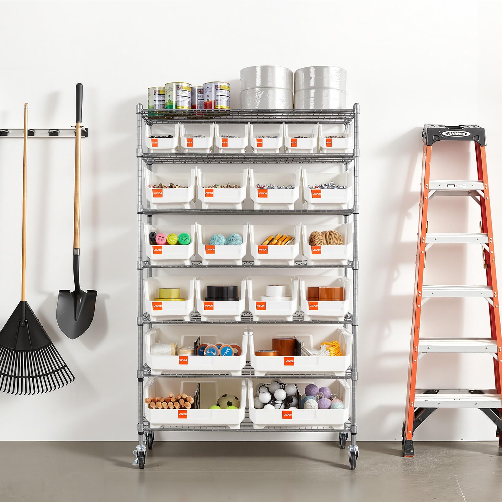 VEVOR Étagère de Rangement Mobile 7 Niveaux Rayonnage sur roulettes 22 Bacs pour Garage, Entrepôt, Bureau, Restaurant, Salle de Classe, Cuisine, en Fil d'acier, avec roulettes Pivotantes et 2 Freins
