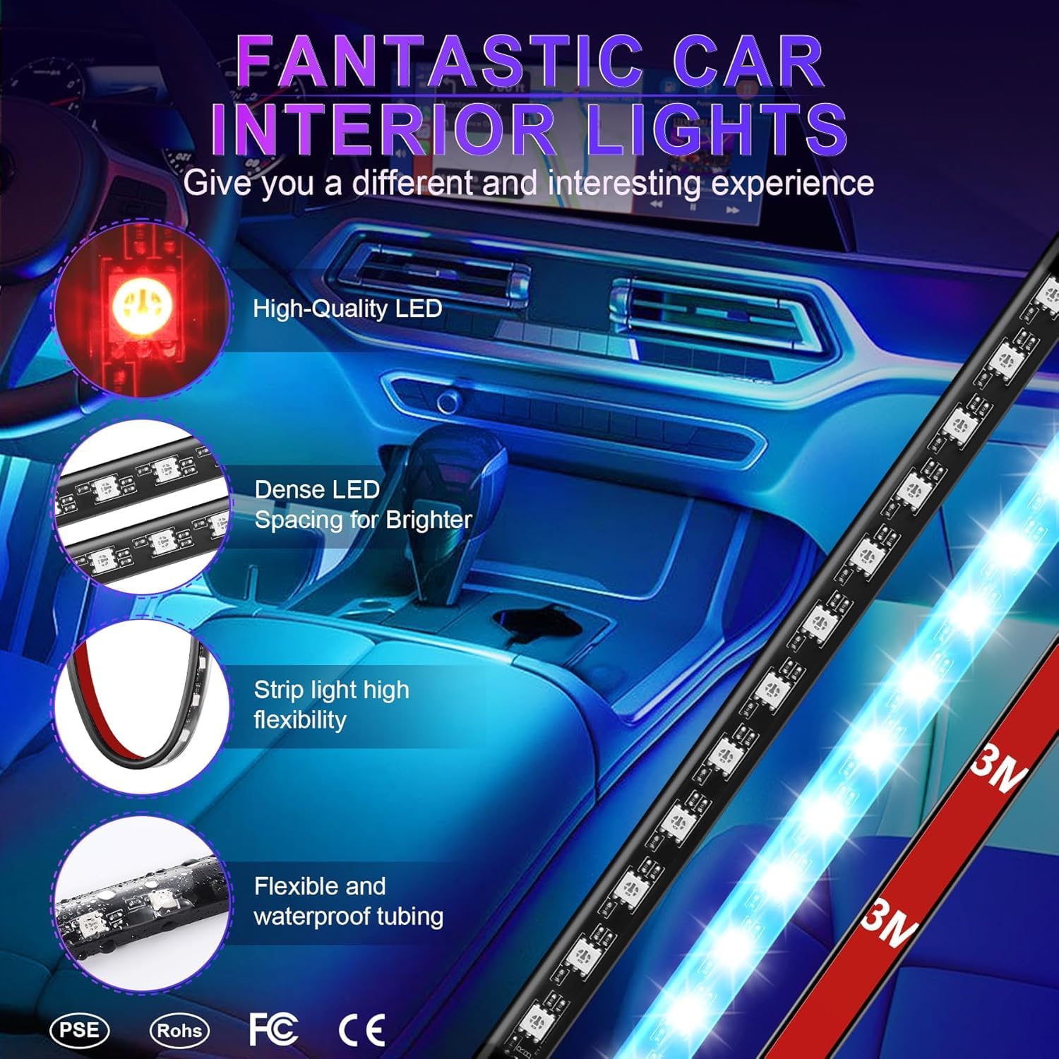 Retoo 12V LED-auto-interieurverlichting met 4 stuks 48 RGB, 3 m meerkleurige auto-LED-strips, regelbare lichtstrip met afstandsbediening, waterdichte verlichting voor sigarettenaansteker