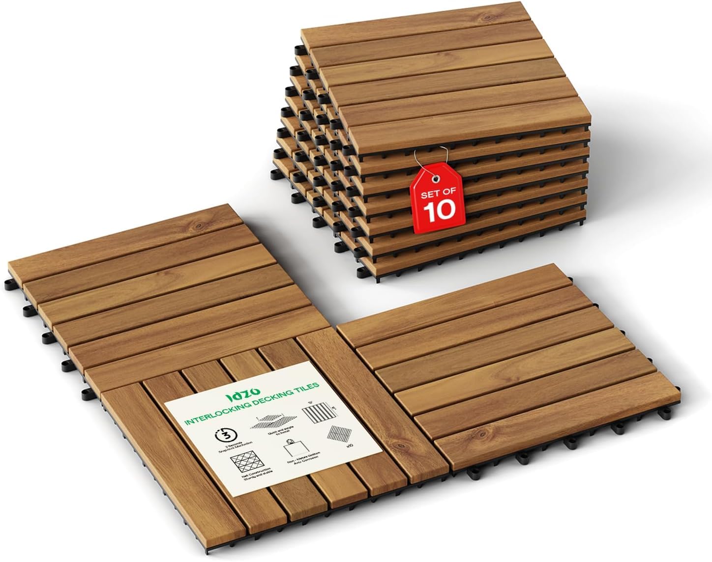 Interlocking Deck Tiles 9.6 SQFT - 10PCS Waterproof Acacia Wood Tiles, Flooring Tiles for Indoor and Outdoor - Decking Stripe Pattern, 11.81 x 11.81 x 0.91 Inches, Golden