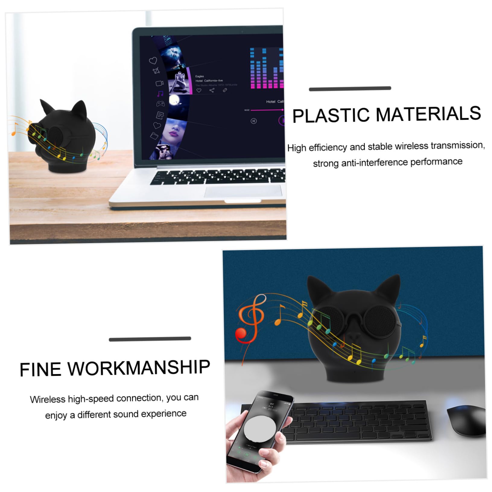 Gatuida Mini Enceinte sans Fil Connexion Haute Vitesse en Plastique Forme Tête de Chat Noir 1500mah pour Conférence Pratique et Usage Quotidien