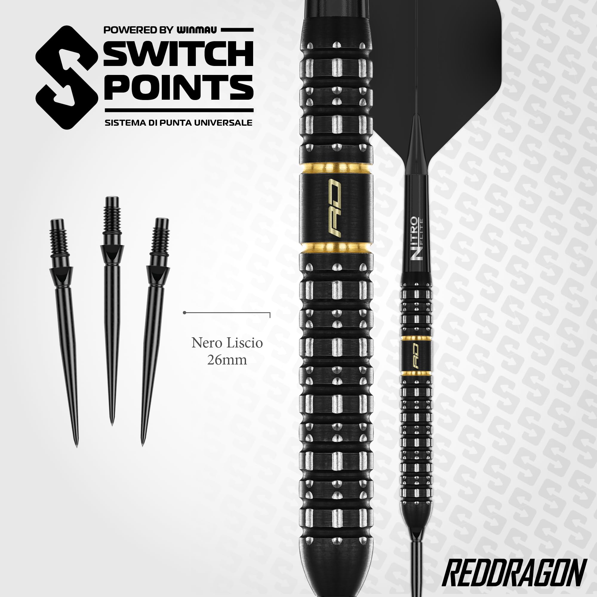 RED DRAGON Freccette – Ascend Switch Points Series 23g | Powered by Winmau | Parallele | 90% Tungsteno Freccette Professionali - NitroFlite Integrated Flight/Shaft | Freccette con punta in acciaio e