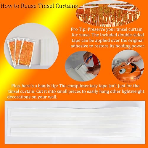 Miniatura 2 de Melsan - Cortina de flecos de oropel más gruesa mejorada, paquete de 3, 3.2 x 8.2 pies, serpentinas metálicas naranjas con cinta adicional, para