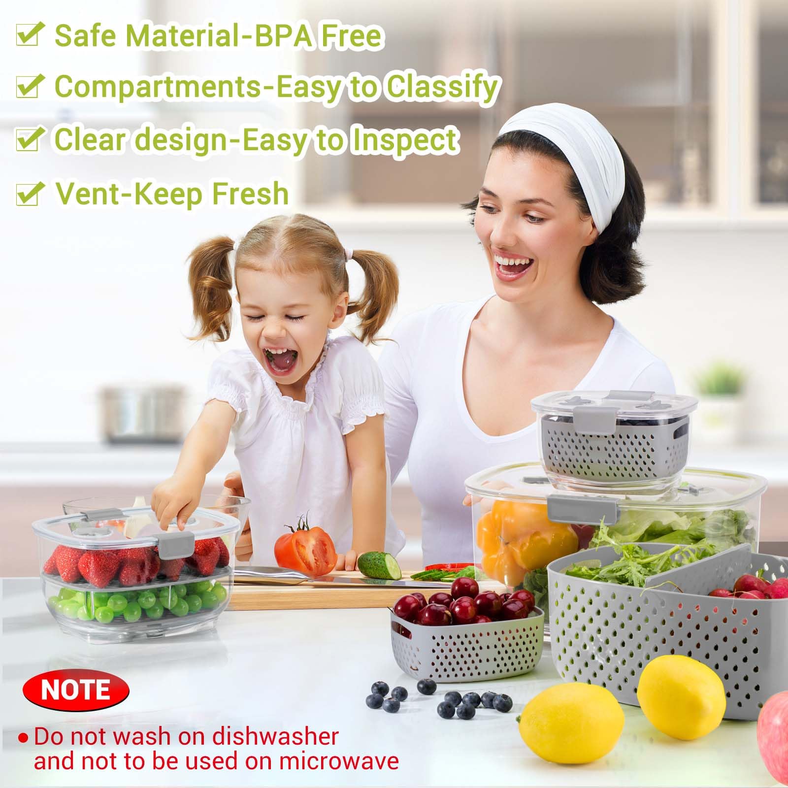LUXEAR Frischhaltedosen für Gemüse, Obst, 3-teiliges Set, BPA-freier Kühlschrank-Aufbewahrungsbehälter, geteilter Salatbehälter, Kühlschrank-Organizer, zur Aufbewahrung von Obst und Gemüse, Grau