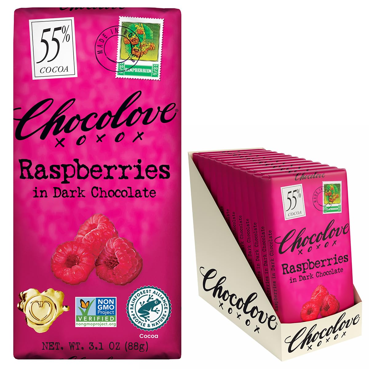 Raspberries Dark Chocolate Bars | 55% Cocoa | Tangy Raspberry Bits | Smooth & Sweet | Premium Dark Chocolate | Non-GMO, 3.1 oz Bar (12 Pack)