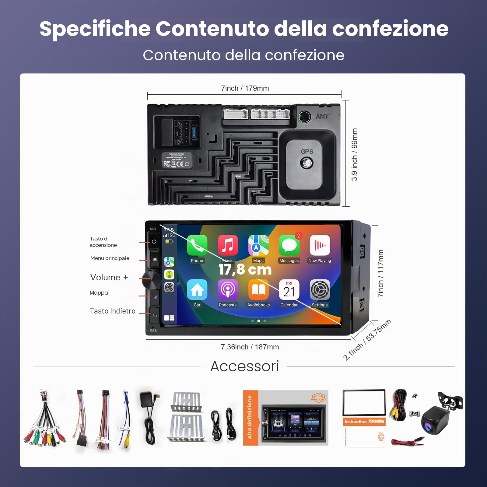 Haudio Autoradio 2 Din Bluetooth Stereo,schermo per auto IPS 7 pollici con telecamera di backup,navigazione GPS, schermo touch, Bluetooth, Mirror Link, FM, AUX| Android 13 Carplay Schermo