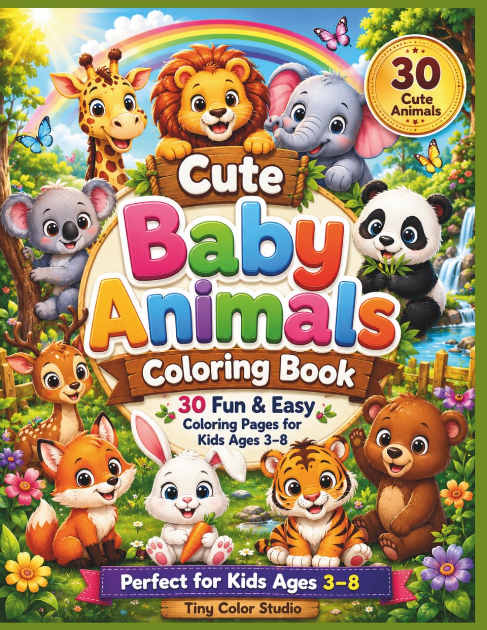 Cute Baby Animals Coloring Book: 30 Fun & Easy Coloring Pages for Kids Ages 3–8