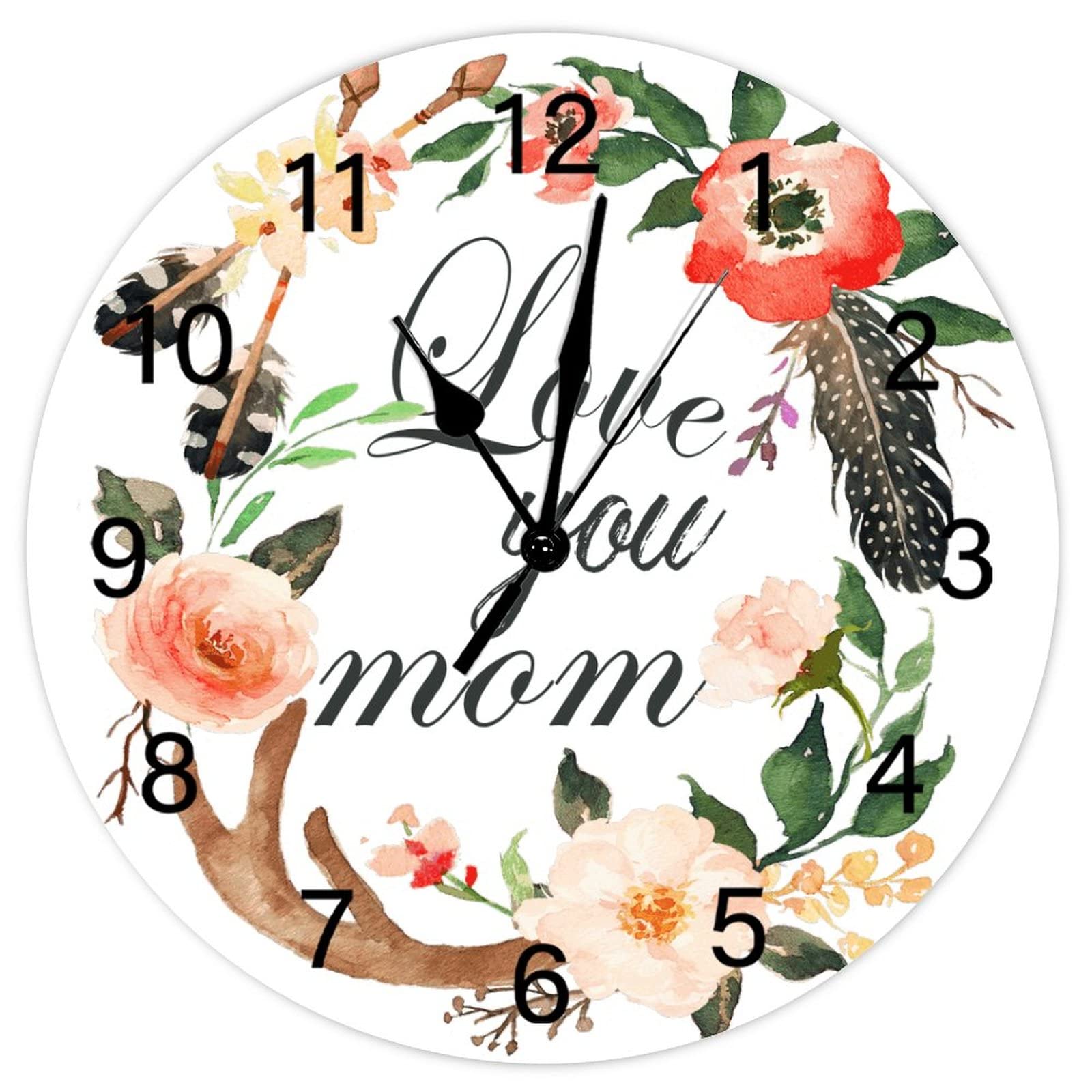 Horloge murale ronde Love You Mom rustique rétro, cadeau fête des mères déco cuisine