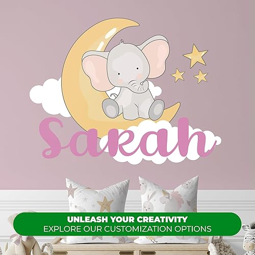 Miniatura 2 de EGD Calcomanías de pared de elefante con estrellas y nubes para bebé niña o niño, nombre personalizado para decoración de pared de guardería,