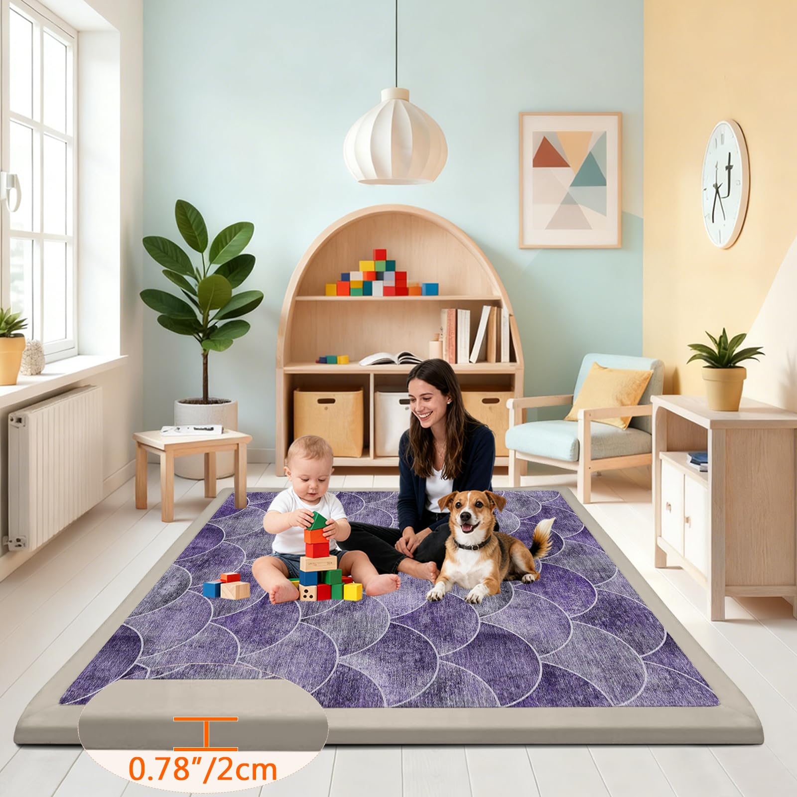 Tappeto Gioco Bambini, Extra Spesso 2 CM, Tappeto attività Morbido con Imbottitura Spessa per Tempo a Pancia in Giù, Base Antiscivolo Sicura per Gattonamento Viola 200 x 260cm