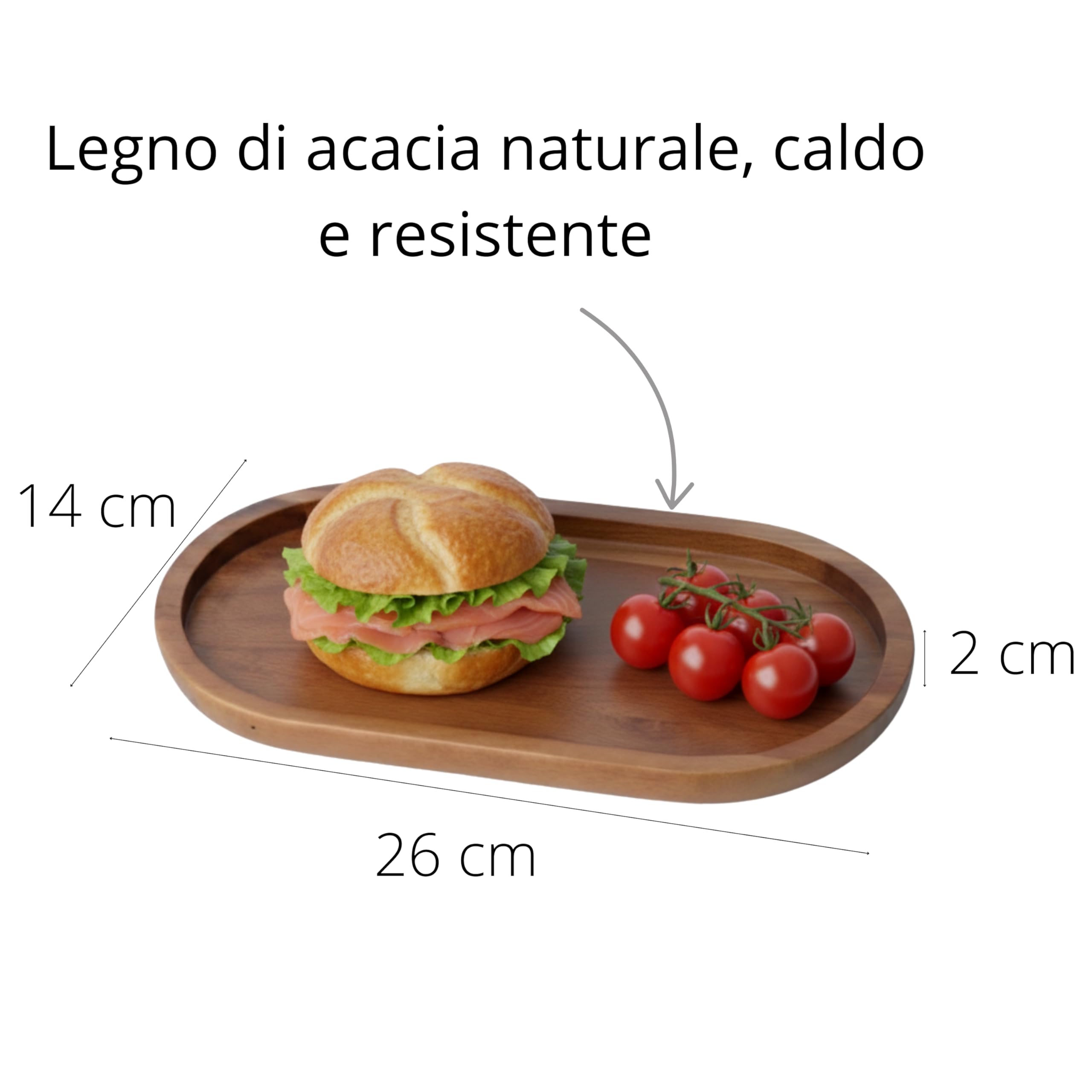 Vassoio Decorativo in Legno di Acacia CURVE - Vassoio Organizzatore Ovale per Cucina e Bagno. Ideale per Sale e Zucchero o Dispenser Sapone. 26 x 14 cm.