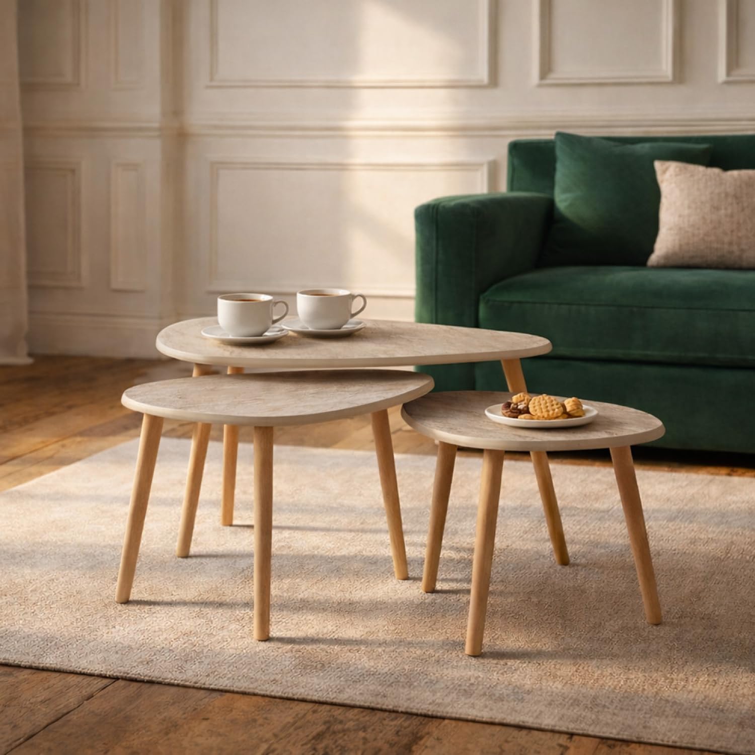 CONCEPTO FÁBRICA | Set 3 Mesas Bajas Gigognes Efecto Travertino Beige Tira | Diseño Elegante y Modulable | Bandeja MDF 1,8 cm | Estilo Contemporáneo | Ahorro de espacio para salón práctico y agradable