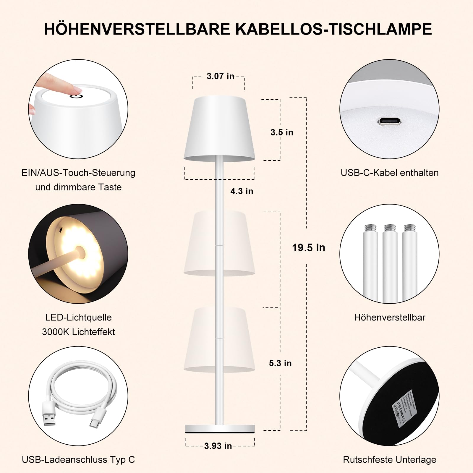 2 lámparas LED de mesa con batería, USB-C inalámbrica Lamparas de Mesa con 3 Temperaturas de Color Ajuste Tactil,5000mAh, IP54 resistente al agua, Adecuada para Interior,Exterior, Blanco