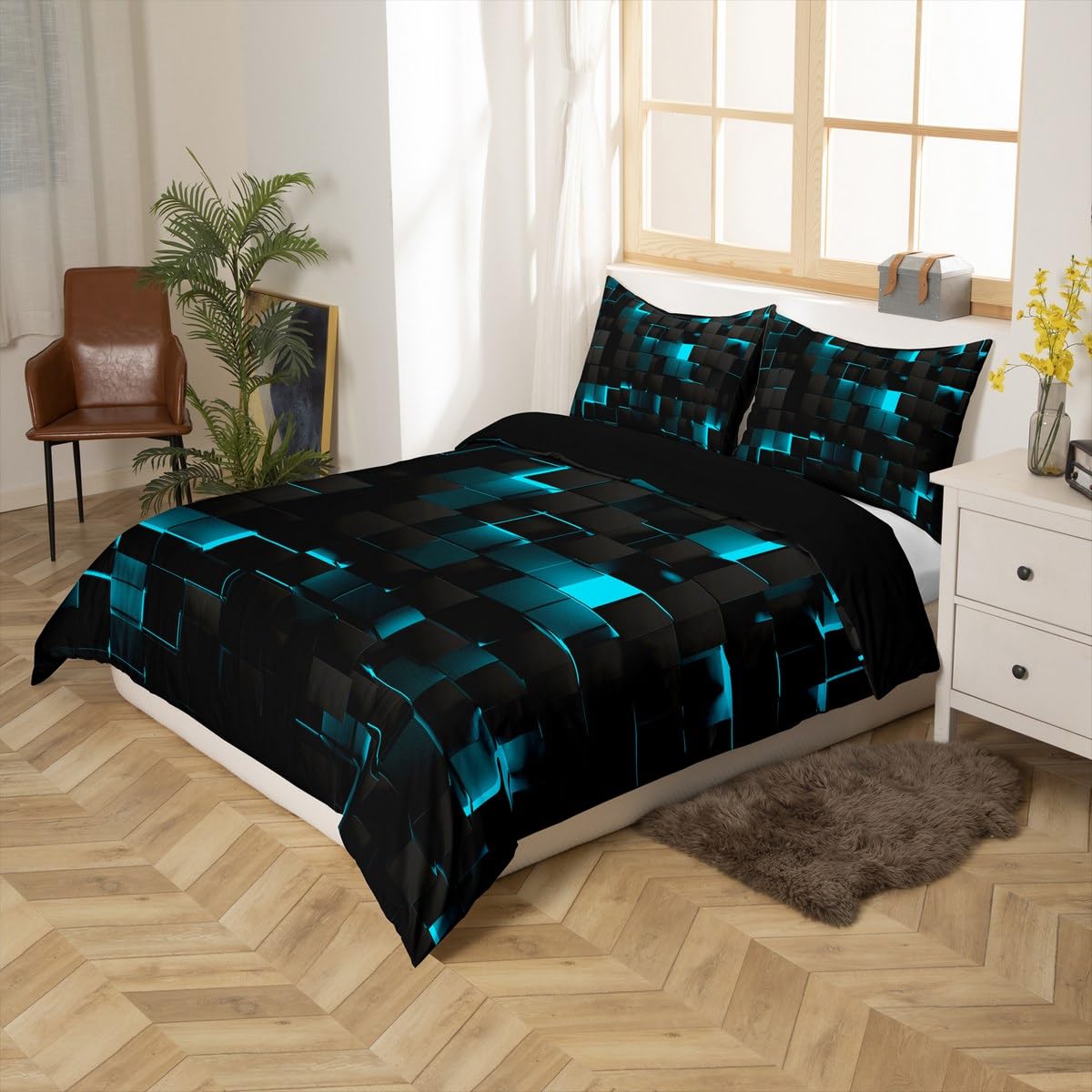 Teal And Black Bedding Sets King,Neon Turquoise Geometric Check Comforter Cover For Kids Boys Girls Adults Stereoscopic Abstract Plaid Grids Duvet Cover Square Quilt Cover - Image 3