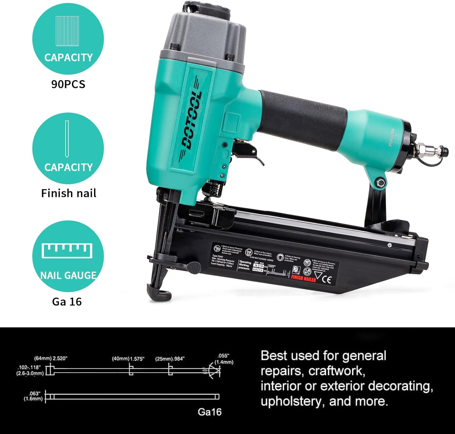 Finish Nailer 16GA 1-inch to 2-1/2-inch Finish Nails Pneumatic Nail Gun with Tool-Free Depth Adjust