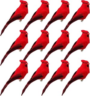 Red Cardinals Birds Decor Clip on 12pcs 5inch Fabric Feather Artificial Birds Ornament for Wreath Crafts Christmas Tree Decoration Floral Arrangement