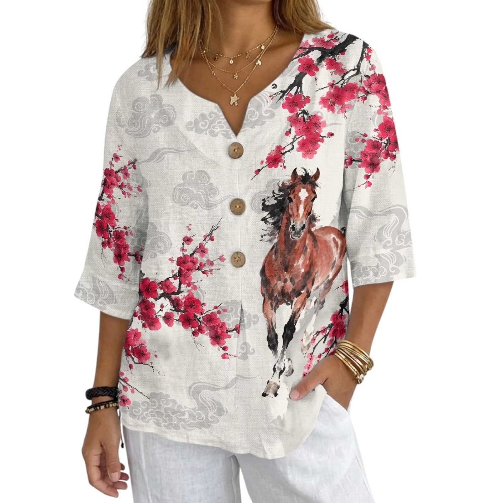 Women's V-Neck Tunic Top, Casual Polyester Linen Blouse with Decorative Buttons, Loose Fit Easy Care Everyday Wear