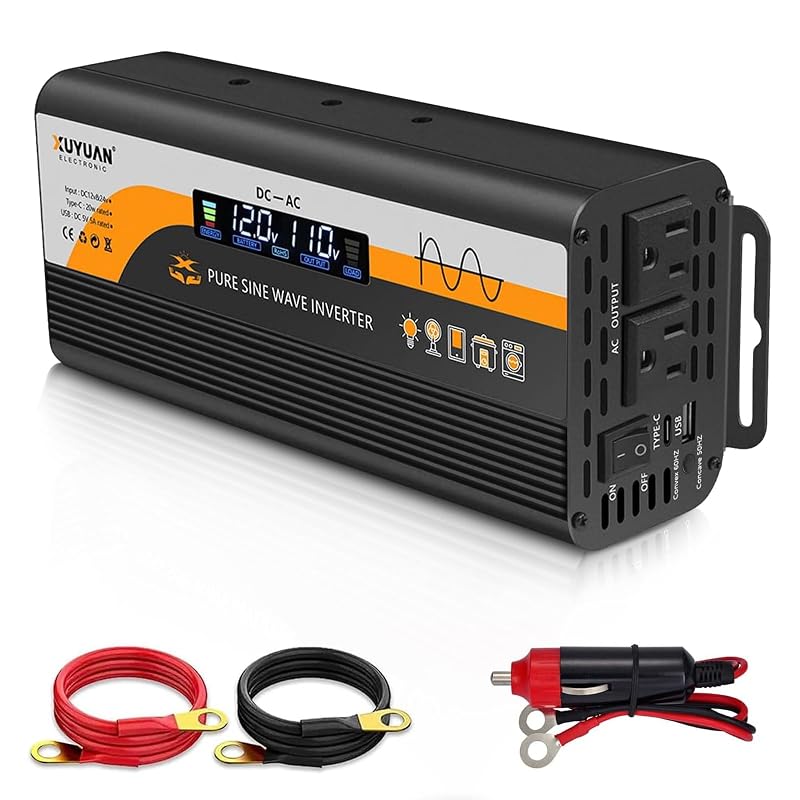 Inversor de Energia X XU YU 500 W com Onda Senoidal Pura, Entrada 12 V/24 V, Saída 120 V CA, Display LCD e USB-C