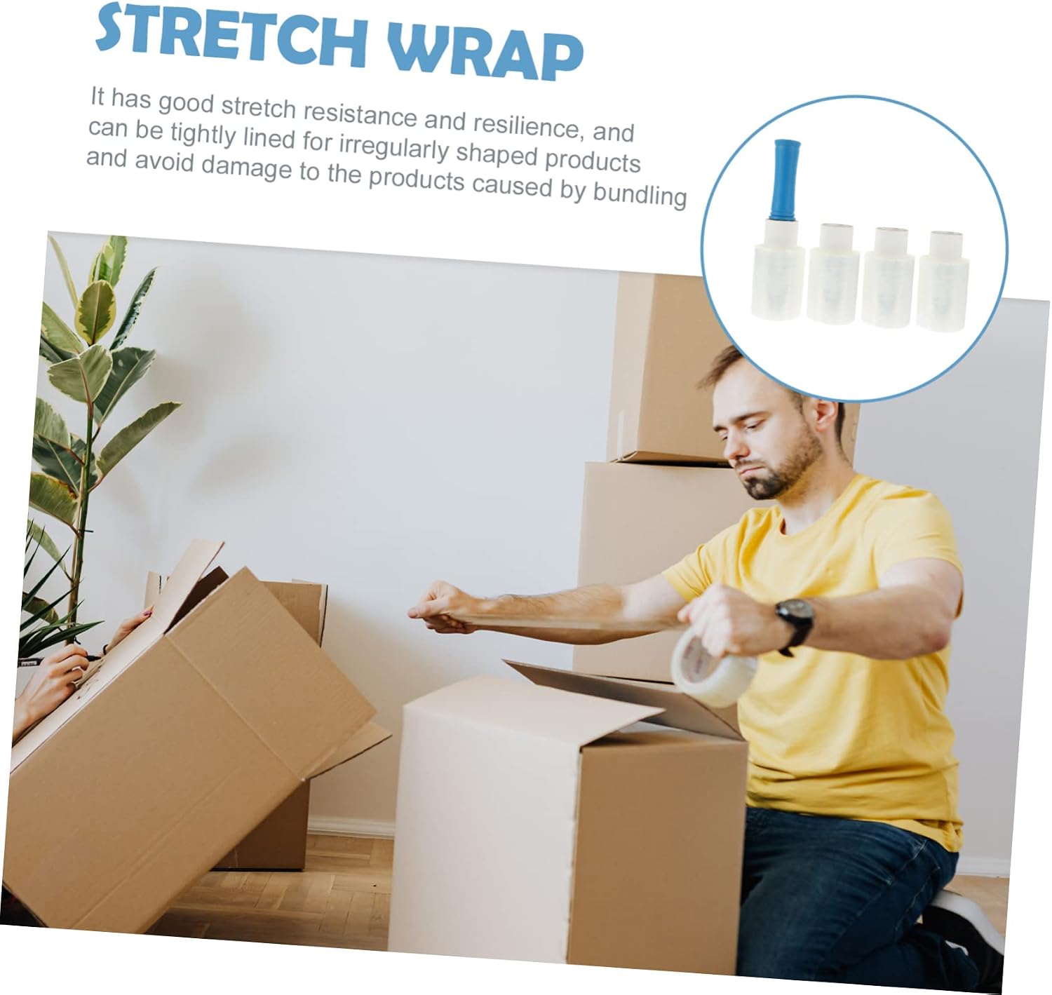 SHINEOFI Stretch Wrap Film Handle 18 x 1500 Self-Adhesive Industrial Packing Film Heavy Duty Shrink Wrap for Pallet Protection