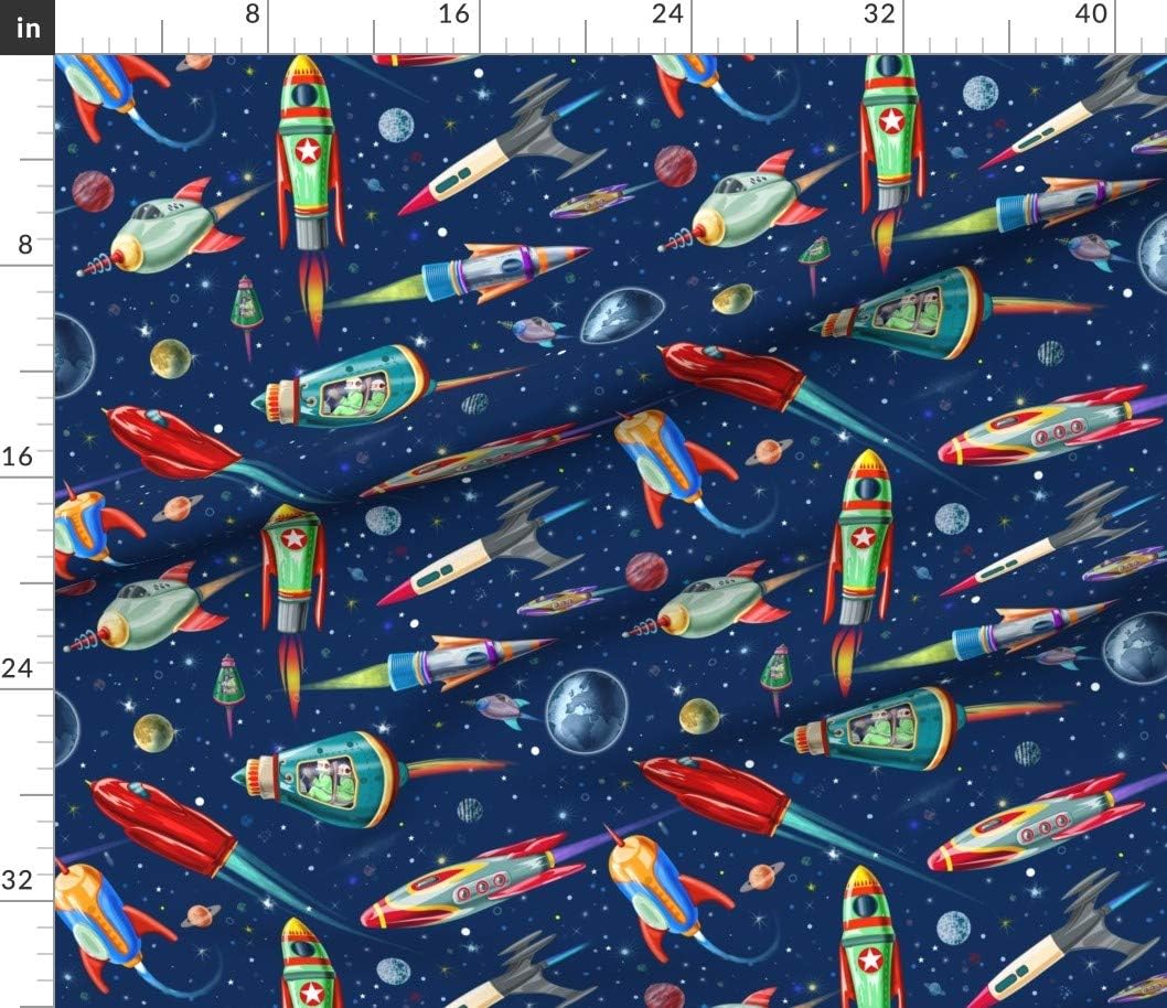 Spoonflower Fabric - Rocket Astronaut Spaceship Space Vintage Blue Stars Galaxy Nursery Printed on Petal Signature Cotton Fabric Fat Quarter - Sewing Quilting Apparel Crafts Decor